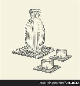 Set os Japanese sake and cup isolated on white background. Ceramic bottle sake hand drawn sketch. Traditional asian rice alcohol drink. Engraving vintage style. Vector illustration.. Set os Japanese sake and cup isolated on white background. Ceramic bottle sake hand drawn sketch.
