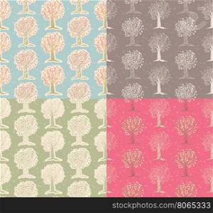 Set ot seamless pattern. Vector cartoon background with trees and hearts.