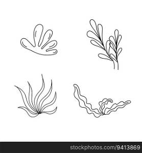 Set outline seaweed. Vector icon alga. Concept the world day ocean, sea plants. Simple elements for icon, cover, print, poster, card, web element, card for children.. Set outline seaweed. Vector icon alga. Concept the world day ocean, sea plants.