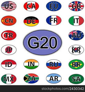 Set oval stickers flags of the G20, vector countries of the big twenty G20 Summit 2017 Hamburg