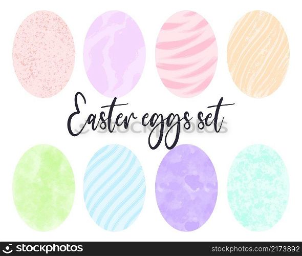 Set painted Easter eggs. Colored eggs collection. Easter spring holiday symbol, isolated vector illustration. Abstract colorful eggs. Set painted Easter eggs