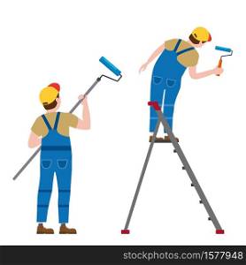 Set Painter proffessional characters man at work. Male painters in uniform applying paint to wall. Set Painter proffessional characters man at work. Male painters in uniform applying paint to wall with paint roller, paint bucket, on the stepladder. Vector, isolated, cartoon style