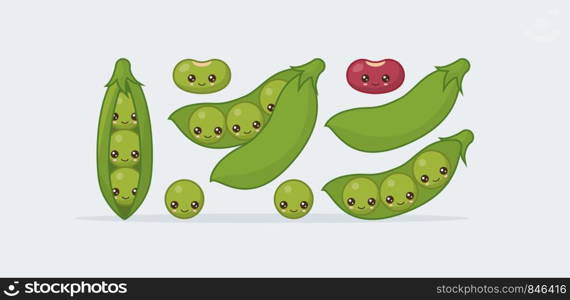 Set peas in a pod, bean. Cute kawaii smiling food. Vector illustration