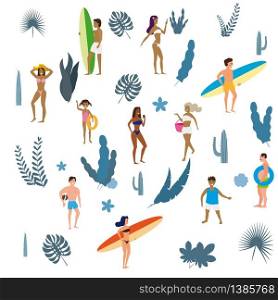 Set people at beach or seashore relaxing and performing summer outdoor activities at beach. Set people at beach or seashore relaxing and performing summer outdoor activities at beach - sunbathing, walking, carrying surfboard, swimming in sea, ocean. Exotic plants, leaves, flowers. Trend flat cartoon style, vector, isolated