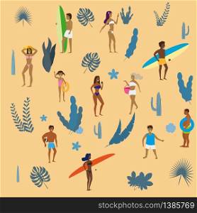 Set people at beach or seashore relaxing and performing summer outdoor activities at beach. Set people at beach or seashore relaxing and performing summer outdoor activities at beach - sunbathing, walking, carrying surfboard, swimming in sea, ocean. Exotic plants, leaves, flowers. Trend flat cartoon style, vector, isolated
