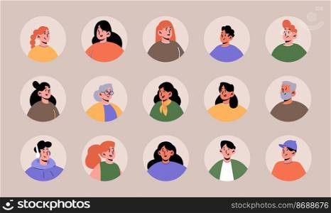 Set people avatars, faces of young and old male and female characters. Diverse men or women with different hair color, teens and adult portraits for social media, isolated line art flat vector icons. Set people avatars, young and old characters faces