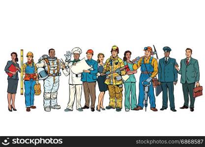 Set people of different professions standing in a row on white background. Pop art retro vector illustration. Set people of different professions standing in a row on white b
