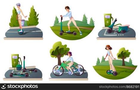 Set people riding ecology transport and recharge station service. Characters use bicycle, scooter, hoverboard and monowheel. Eco friendly transportation for city dwellers, Cartoon vector illustration. Set people riding ecology transport and recharge
