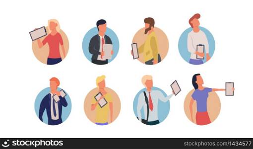 Set people with clipboard vector business illustration with man and woman concept. Character checklist document paper work office form. Questionnaire report plan achievement with happy human