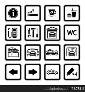 Set pictograms. Car services. Gas station. Black