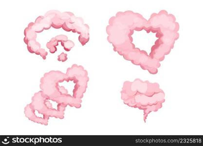 Set pink clouds, fluffy magic in cartoon style isolated on white background. Collection smoke, fog cute decoration. Ui game asset. Vector illustration