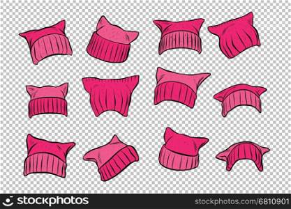 Set Pink womens pussy hat, feminists protest. Retro pop art comic vector illustration.