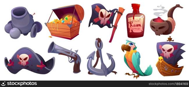 Set pirate items cartoon icons cannon, treasure chest, flag with jolly roger and rum bottle. Smoking pipe with skull, captain cocked hat, gun and anchor with parrot and battle ship Vector illustration. Set pirate items cartoon icons Vector illustration
