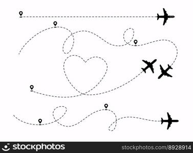 Set planes path with location pins heart vector image