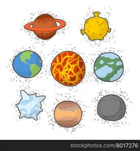 Set planets solar system. Funny cartoon planet- Star: Earth and Moon, Sun and Jupiter. Vector illustration