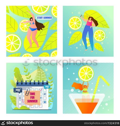 Set Planned Vacation for Woman, Start Summer. Active Holiday at Seaside Resorts. Colorful Advertising Flyers on Citrus Background. Fresh Juicy Summer Drink for Girls. Vector Illustration.