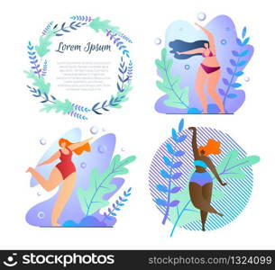 Set Poster Beautiful Wreath and Dancing Girls. Card with Frame Leaves and Grass. Girls in Bathing Suits Dancing and Having Fun, Enjoying their Summer Vacation. Vector Illustration.