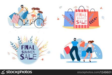 Set Poster Invitation Final Summer Sale Lettering. Day Discounts for Products for Whole Family Brings Joy. People Return Home from Store with Full Shopping Packages. Coupon Typography.