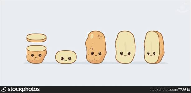 Set potato. Cute kawaii smiling food. Vector illustration