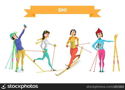 Set pretty young women on cross country skiing on isolated background. Flat cartoon vector illustration
