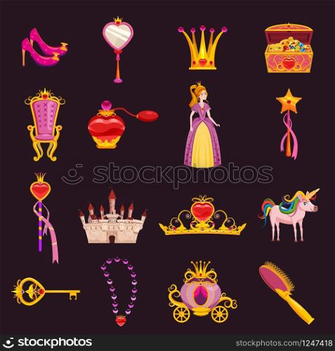 Set Princess World elements and attributes of design. Set Princess World elements and attributes of design. Castle, mirror, throne, carriage, shoes, hairbrush, magic wand, treasure chest, tiara, perfume, key, crown. Vector, illustration, cartoon style, isolated