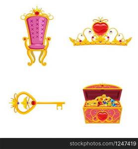 Set Princess World elements and attributes of design. Set Fairy World elements and attributes of design. Treasure chest, tiara, key, throne. Vector, illustration, cartoon style, isolated