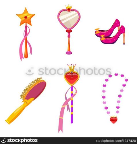 Set Princess World elements and attributes of design. Set Princess World elements and attributes of design. Mirror, shoes, tiara, hairbrush, magic wand. Vector, illustration, cartoon style, isolated