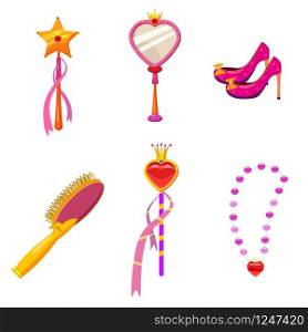 Set Princess World elements and attributes of design. Set Princess World elements and attributes of design. Mirror, shoes, tiara, hairbrush, magic wand. Vector, illustration, cartoon style, isolated