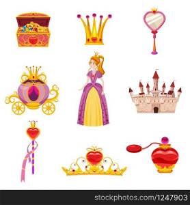 Set Princess World elements and attributes of design. Set Princess World elements and attributes of design. Castle, mirror, carriage, a magic wand, treasure chest, perfume, crown. Vector, illustration, cartoon style, isolated