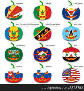 Set pumpkins for Halloween as a flags of the world. Vector illustration.