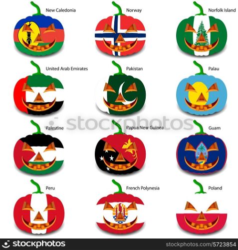Set pumpkins for Halloween as a flags of the world. Vector illustration.