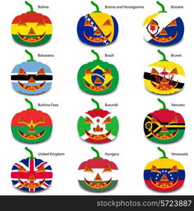 Set pumpkins for Halloween as a flags of the world. Vector illustration.