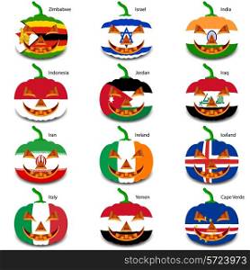 Set pumpkins for Halloween as a flags of the world. Vector illustration.