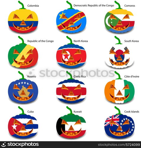 Set pumpkins for Halloween as a flags of the world. Vector illustration.