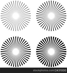SET rays, beams element. The sun rays, the shape of the starburst on white. Radiant, radial, merging lines. Abstract circular geometric shape, vector template