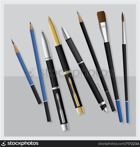 Set Realistic 3D Pen and Pencil and Business Pen and Paintbrush and Drawing Pencil and Clutch-type pencil