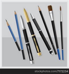 Set Realistic 3D Pen and Pencil and Business Pen and Paintbrush and Drawing Pencil and Clutch-type pencil