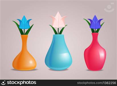 Set realistic jugs with tulips paper origami. Objects apart from the background. Vector element for your design.. Set realistic jugs with tulips paper origami. Objects apart from