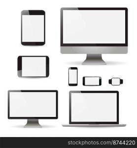 Set realistic Monitors laptop tablet and phone vector illustration. Mockup set realistic Monitors laptop tablet and phone vector illustration