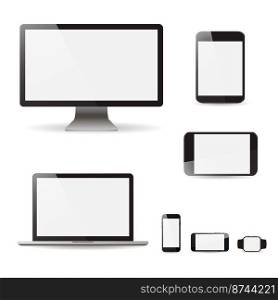 Set realistic Monitors laptop tablet and phone vector illustration. Mockup set realistic Monitors laptop tablet and phone vector illustration