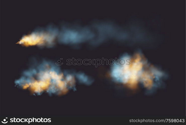 Set Realistic smoke and fire shapes on a black background. Vector illustration EPS10. Set Realistic smoke and fire shapes on a black background. Vector illustration