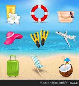 Set Realistic Travel and Tourism Accessories. Set Realistic Travel and Tourism Accessories. Collection Summer Design Elements for Voyage - Illustration Vector
