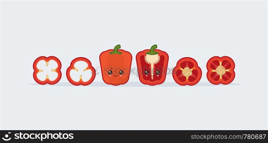 Set red bell pepper. Cute kawaii smiling food. Vector illustration