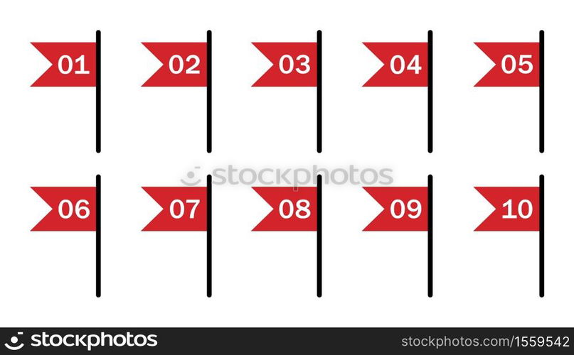 Set red flags numbered from 1 to 10 in flat style. Vector illustration.. Set red flags numbered from 1 to 10 in flat style.