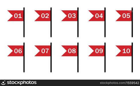 Set red flags numbered from 1 to 10 in flat style. Vector illustration.. Set red flags numbered from 1 to 10 in flat style.