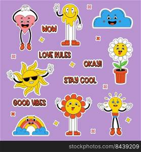 Set retro cartoon stickers with funny comic characters, gloved hands and cool words in trendy style. Vector isolated drawings of heart, sun, flower power, melt face emotion, cloud, rainbow, light bulb