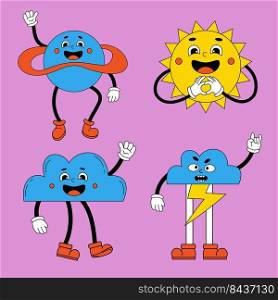 Set retro cartoon stickers with funny comic characters with funny faces, gloved hands and feet. Trendy retro groovy cartoon sun, lightning, cloud, earth. Vector illustration