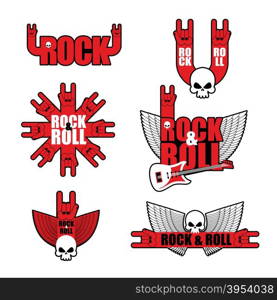 Set Rock logo. Logo for musical rock group. Attributes of rock and roll: guitar, skull and wings. Template logo for Rock Festival or party.