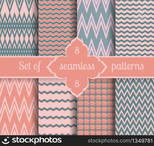 Set rose quartz and serenity geometric Patterns. 2016 colors of the year. Vector illustrations.. Set rose quartz and serenity geometric Patterns. 2016 colors of the year