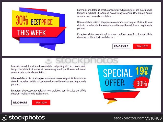 Set sale special offer order now web poster with push buttons read more and buy now. Vector illustration advertisement banner with info about discounts. Set Sale Special Offer Order Now Web Poster Vector